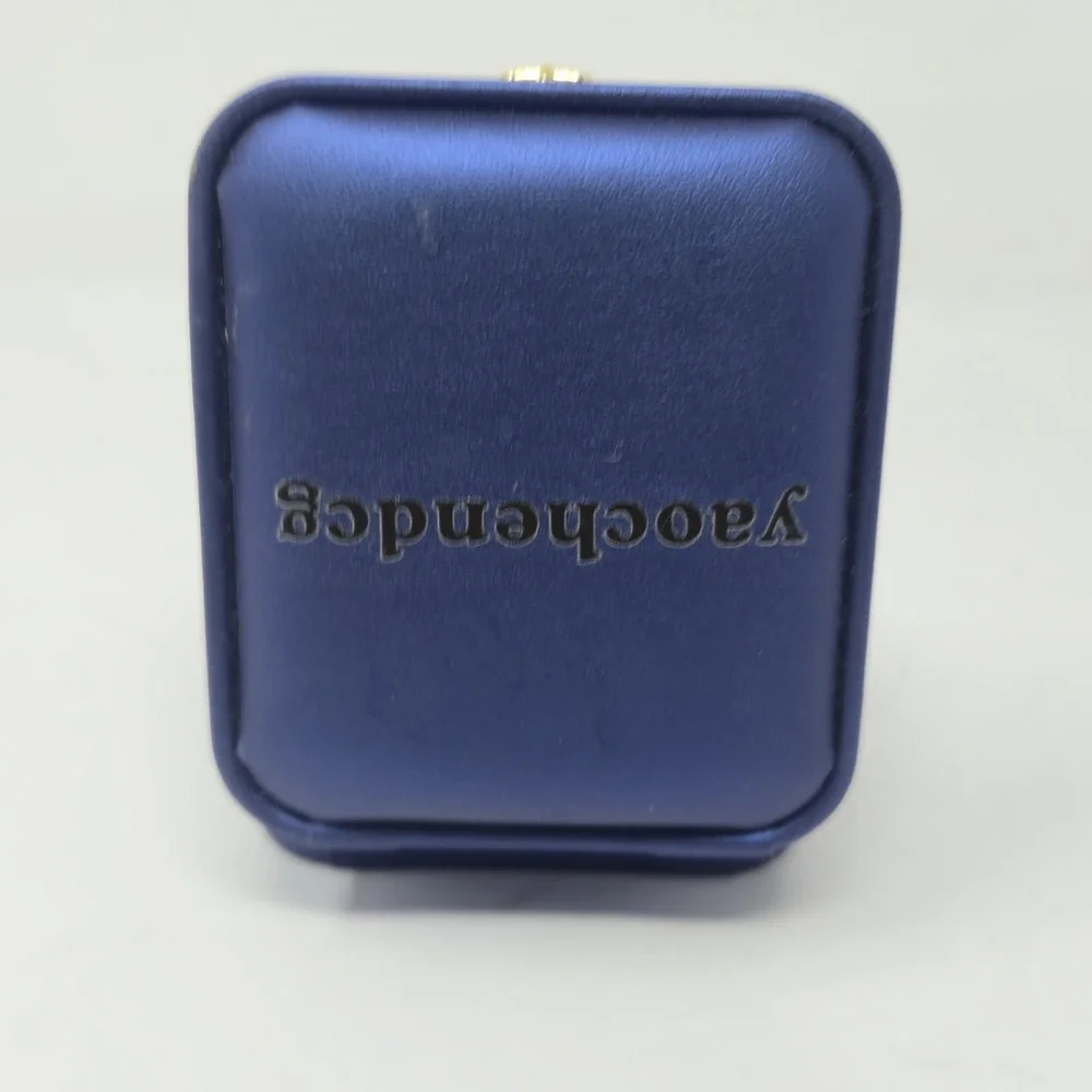 Blue Faux Leather Jewelry Gift Box Gold Crown Latch Ring Pendant Storage EMPTY